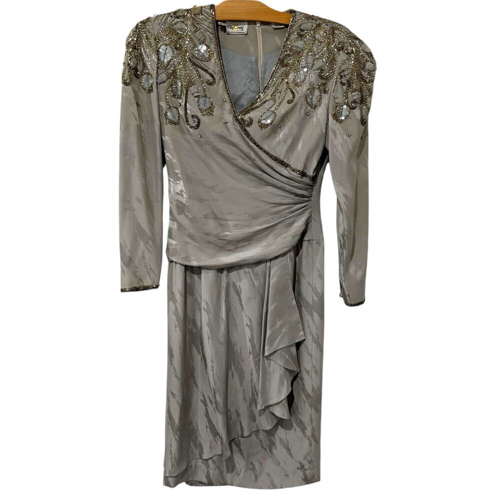 Vintage Oleg Cassini | Silk Dress Beads Ruffles Evening Wear Formal- Size 8
